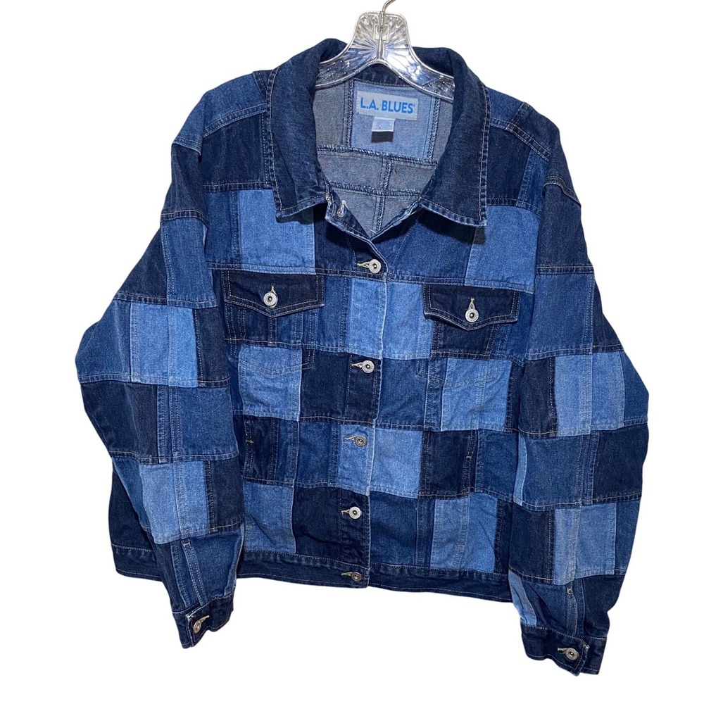 LA Blues Vintage Patchwork Denim Jacket Blue Indigo Colorblock Womens SZ 26/28